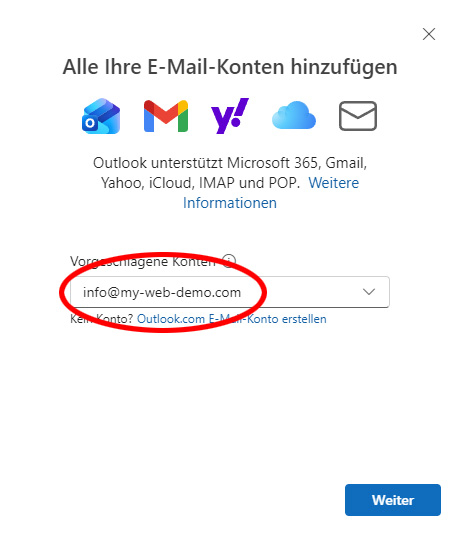 Outlook mit Eingabefeld für die E-Mail-Adresse und aktivierter manueller Einrichtung